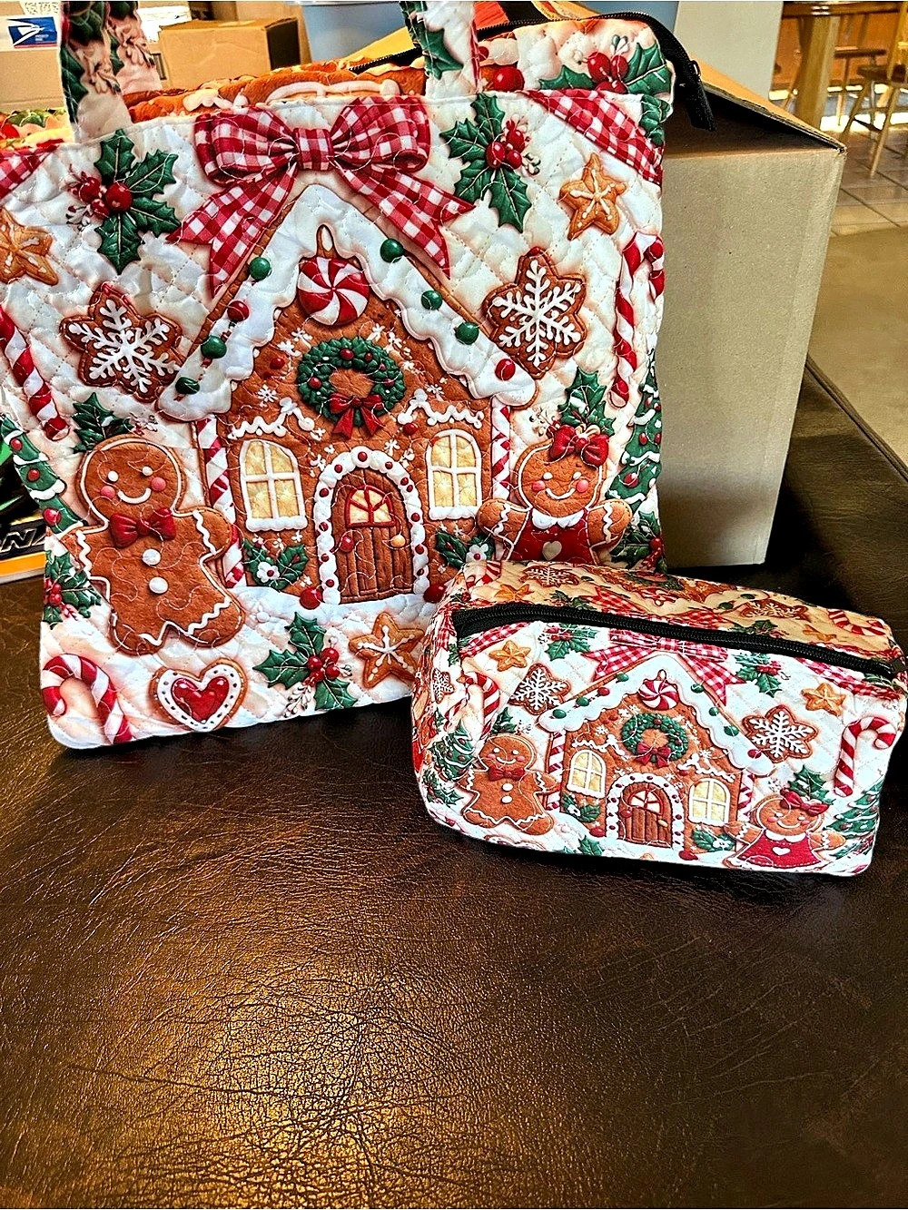 NWT ZYQOL Gingerbread House Christmas Quilted Tote + Cosmetic Bag Set